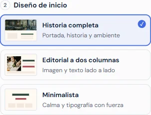Los controles reales del configurador de Milvexa con los tres conceptos para restaurantes.
