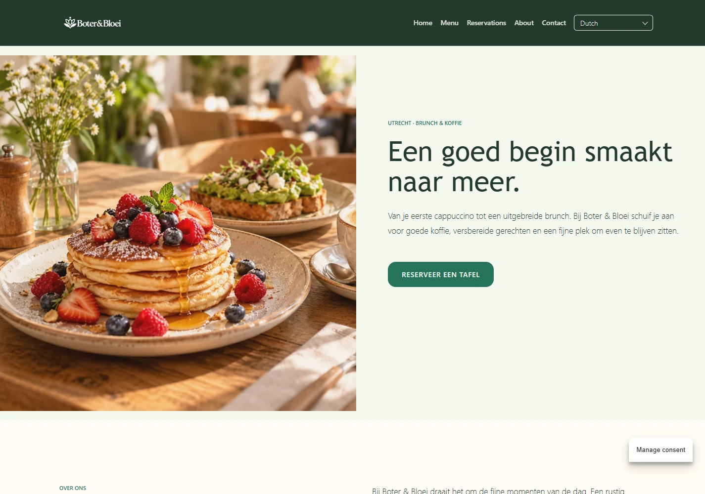 Desktop homepage of the fictional Boter & Bloei restaurant website
