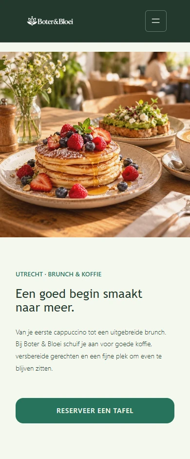 Mobile homepage of the fictional Boter & Bloei restaurant website