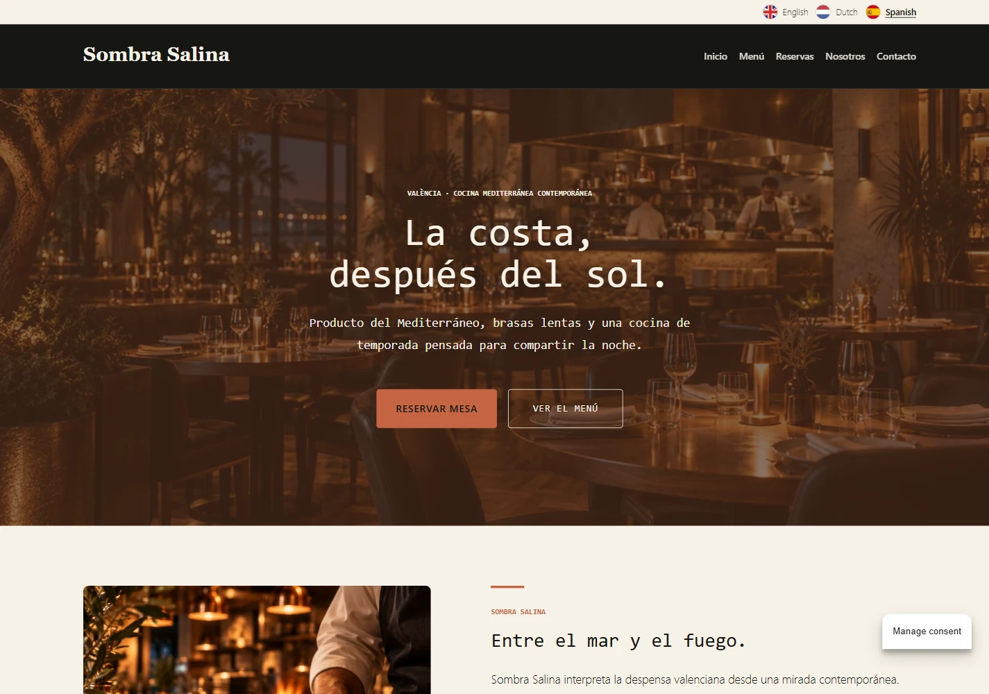 Desktop homepage of the fictional Sombra Salina restaurant website