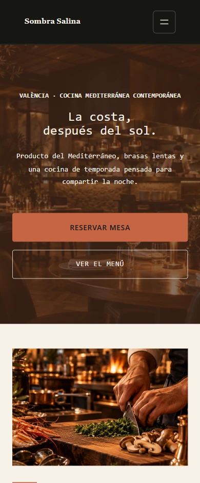 Página de inicio móvil real de la web del restaurante ficticio Sombra Salina.
